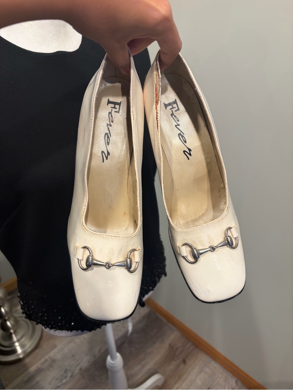 Vintage Fever Cream Square-Toe Pumps with Silver Horsebit